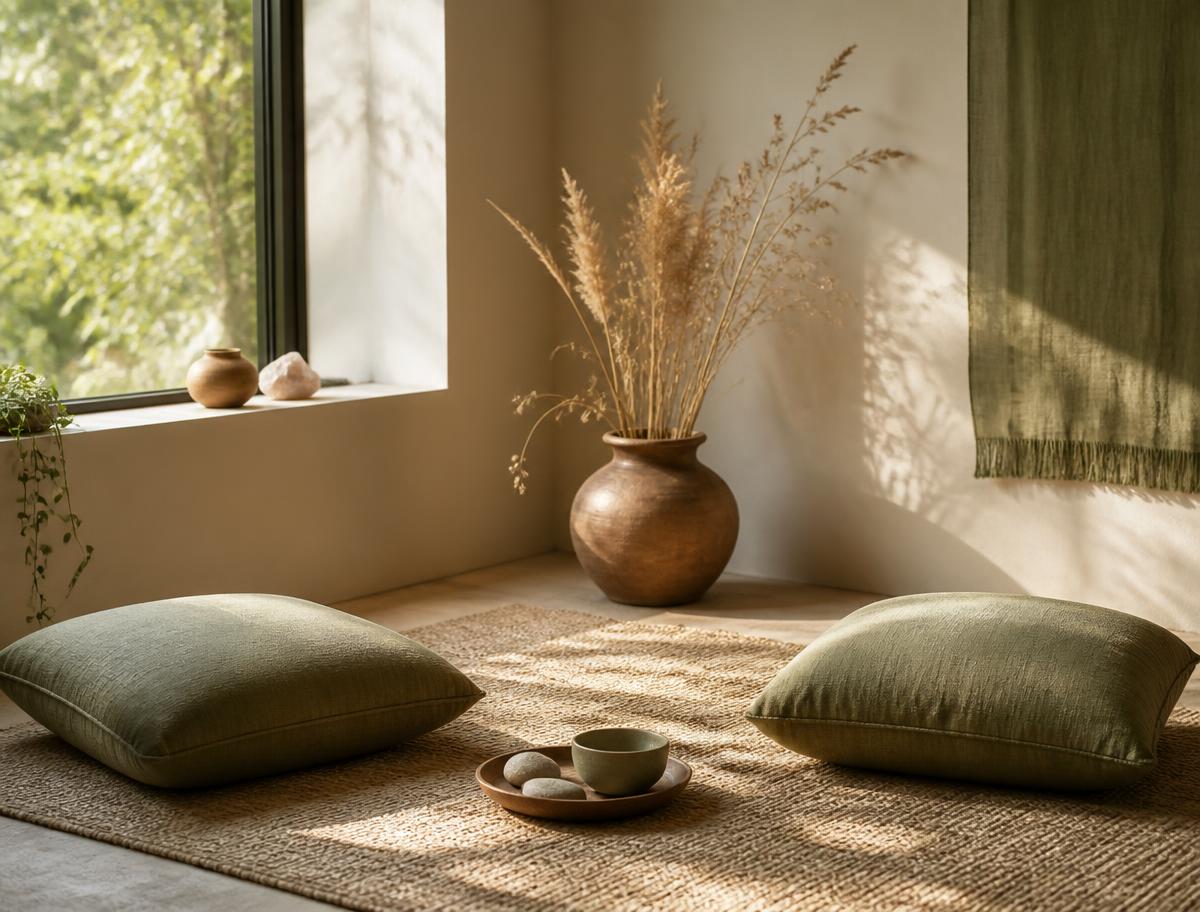 Two floor cushions and dried grasses in a calm, sunlit coaching room